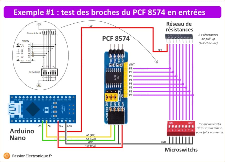 Branchement module PCF8574 sur Arduino Nano, avec broches configurées en entrée, sur pins P0 à P7, incluant réseau de résistances 10k en pull-up à +5V