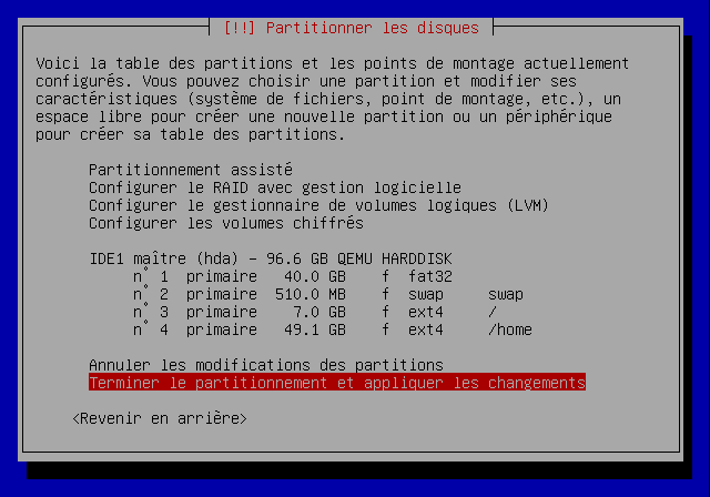 Écran récapitulatif de la future table de partition