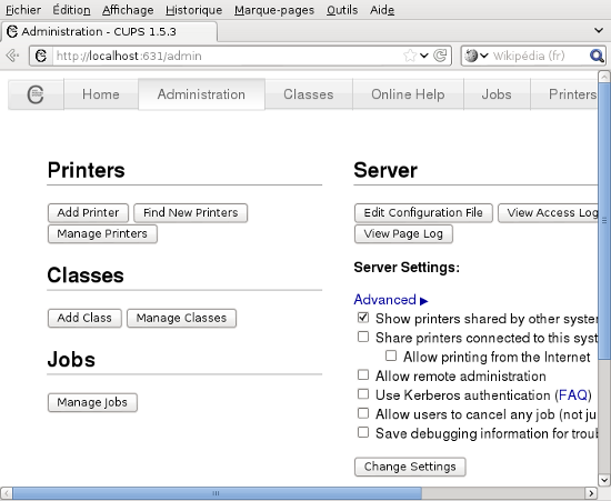 Interface d'administration de CUPS