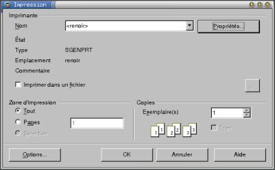 Menu d'impression d'OpenOffice