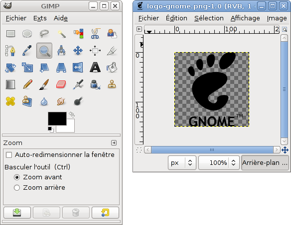 GIMP, fenêtres d'outils et d'image